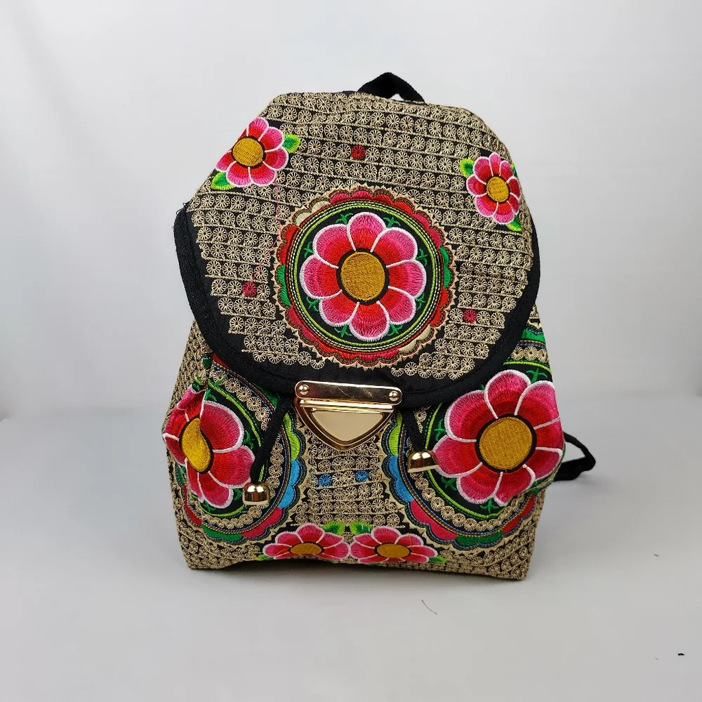 Embroidered mexican‎ floral multicolor handmade bagpack 100%mexican art dew